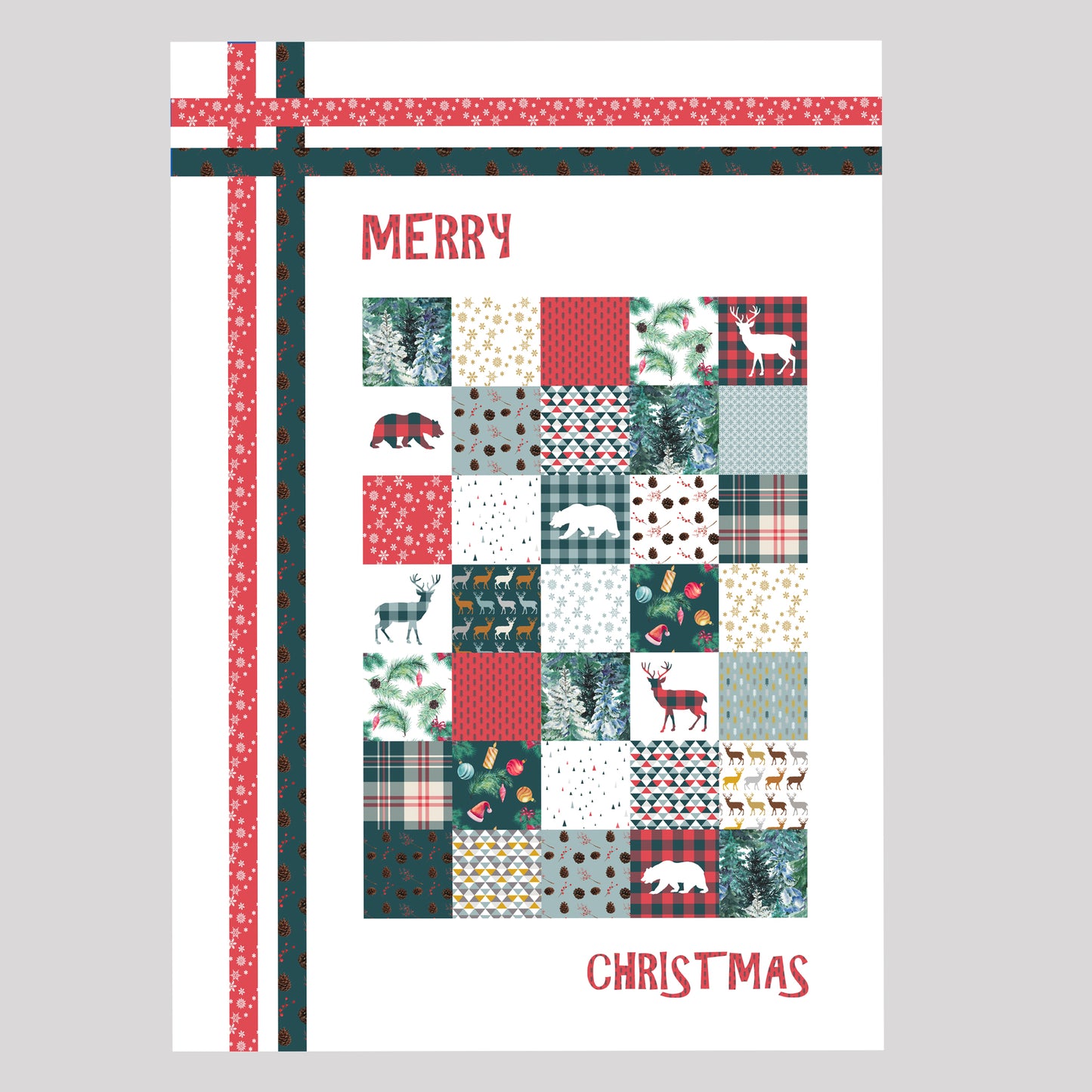 Couverture patchwork en kit. Plaid Joyeux Noël avec ours et cerfs vert rouge blanc