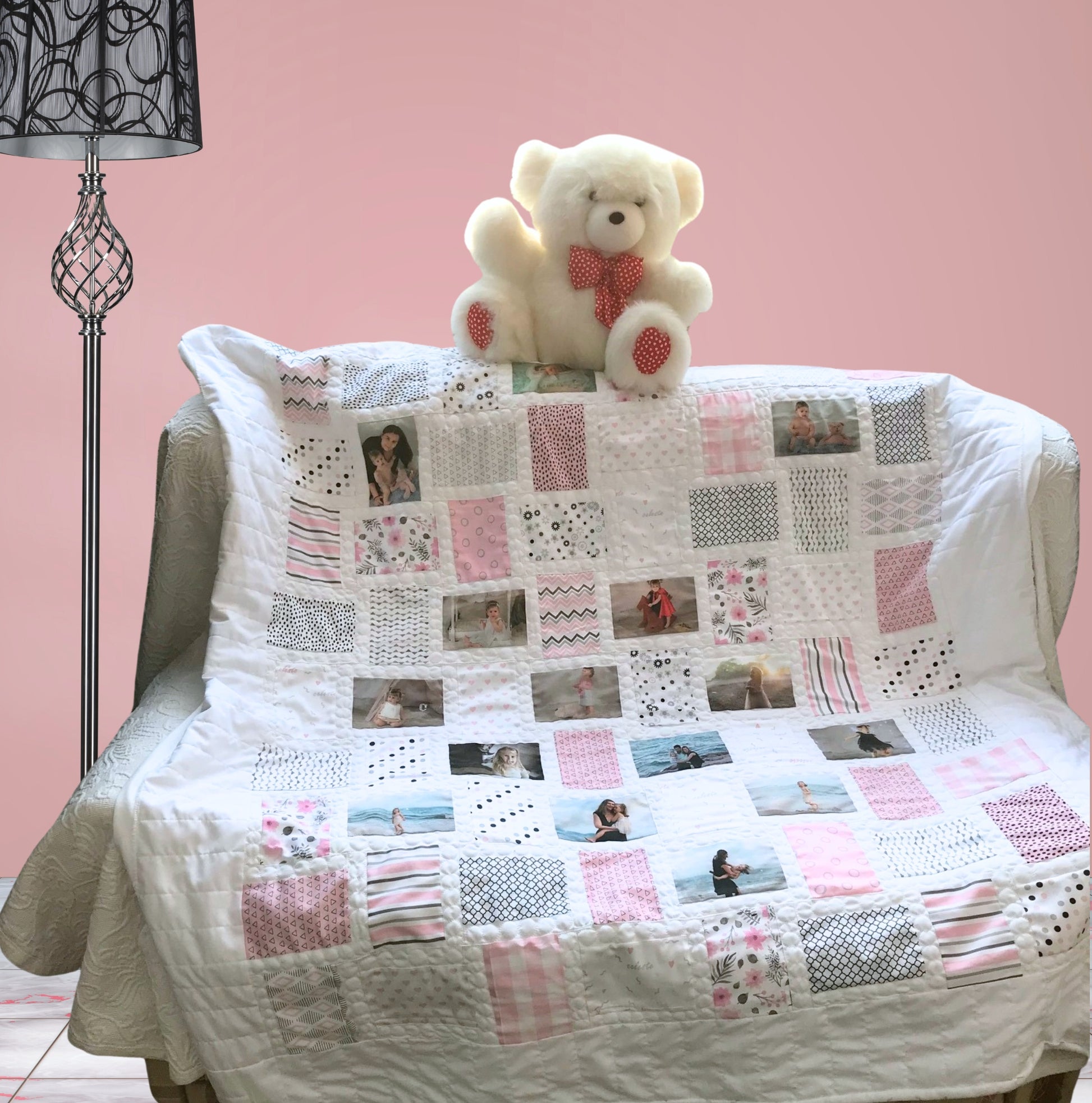 Couverture patchwork  en kit petote fille rose et blanc facile personnalisée photos