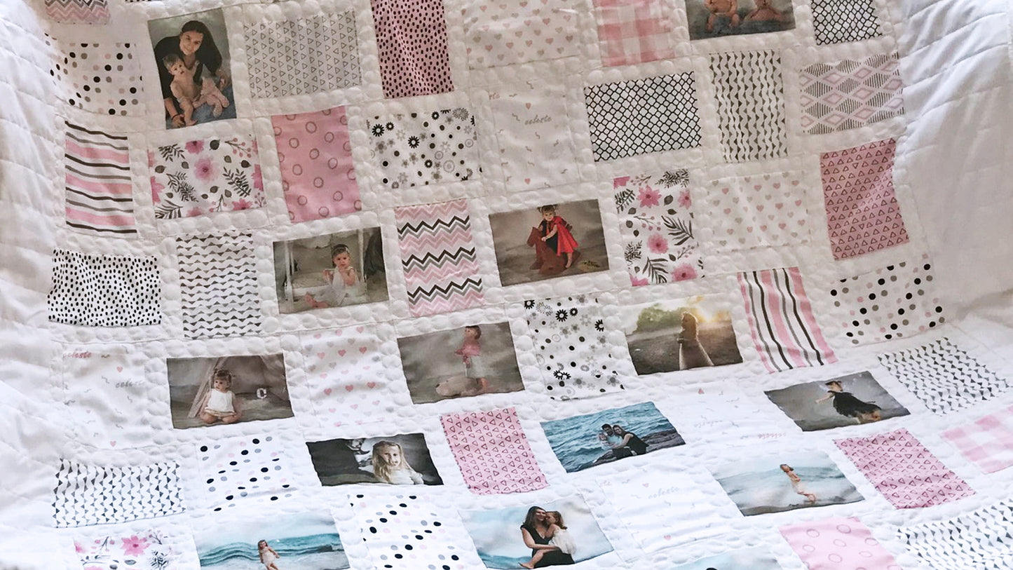 Kit couverture patchwork personnalisée prénom et 12 photos pour fille rose en coton bio