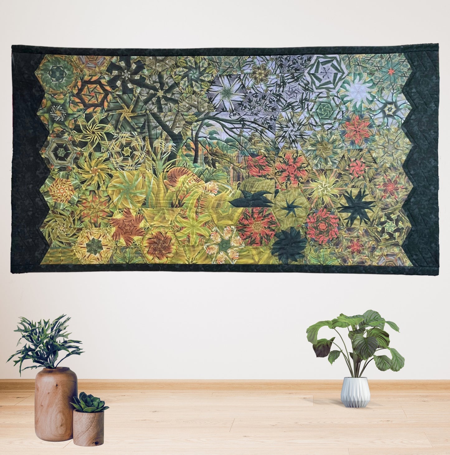 Kit patchwork creativo Tigre en la selva hexágonos verde amarillo