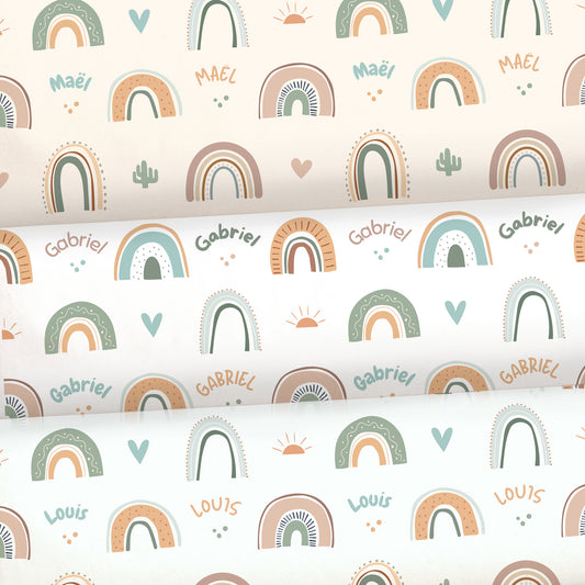 Tissu enfant imprimé arc-en-ciel personnalisé du prénom vert bleu beige
