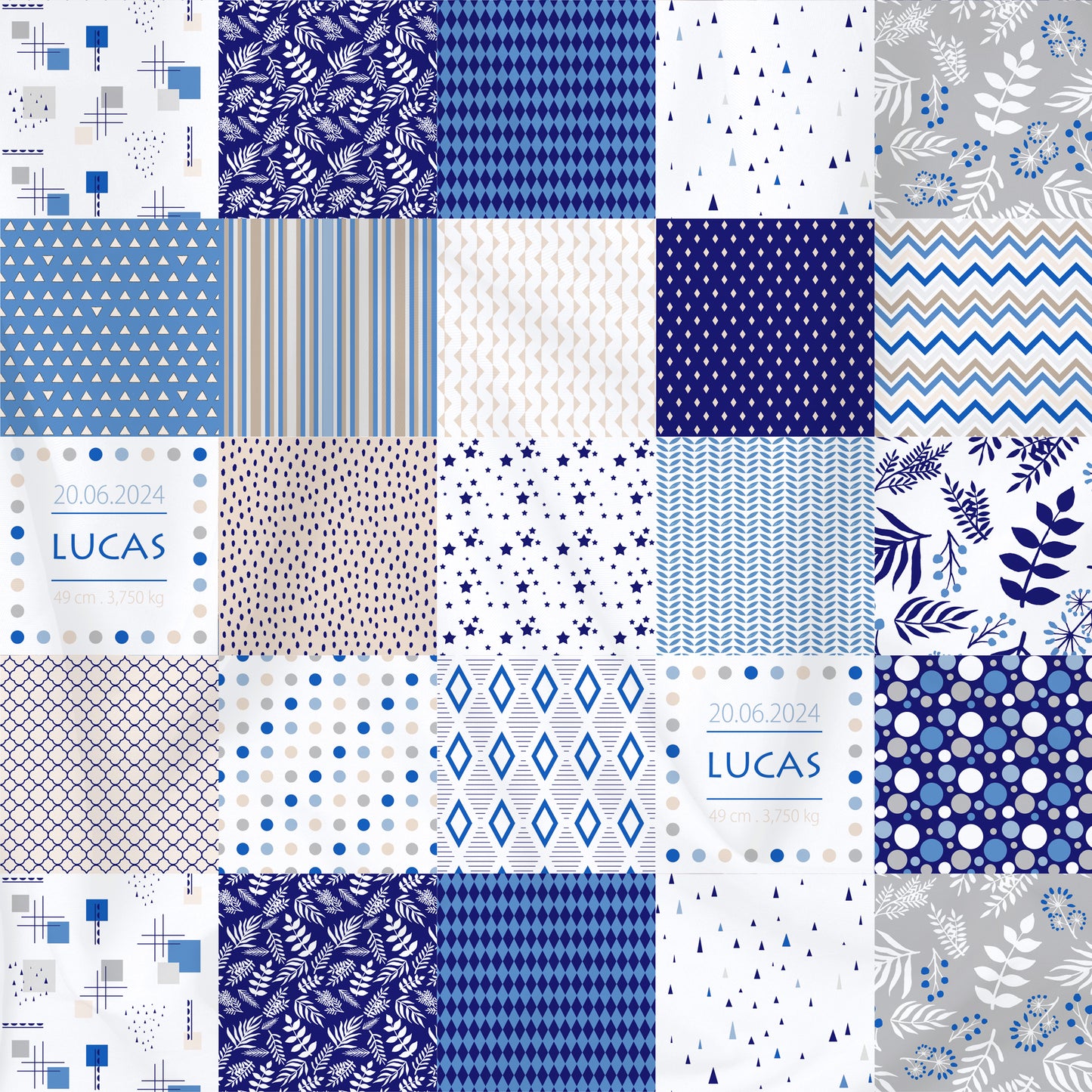 Tissu patchwork bleu personnalisé prénom date de naissance