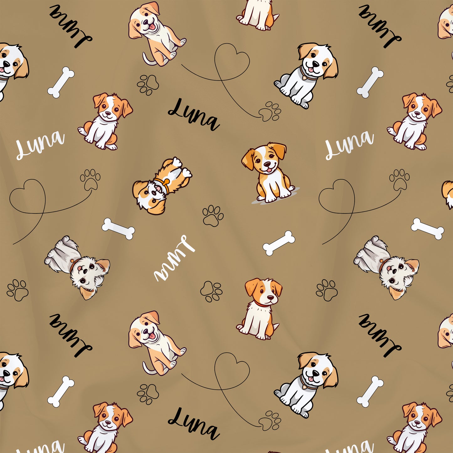 Tissu au mètre chiens imprimé customisé nom ou texte sur fond ocre, en coton bio.