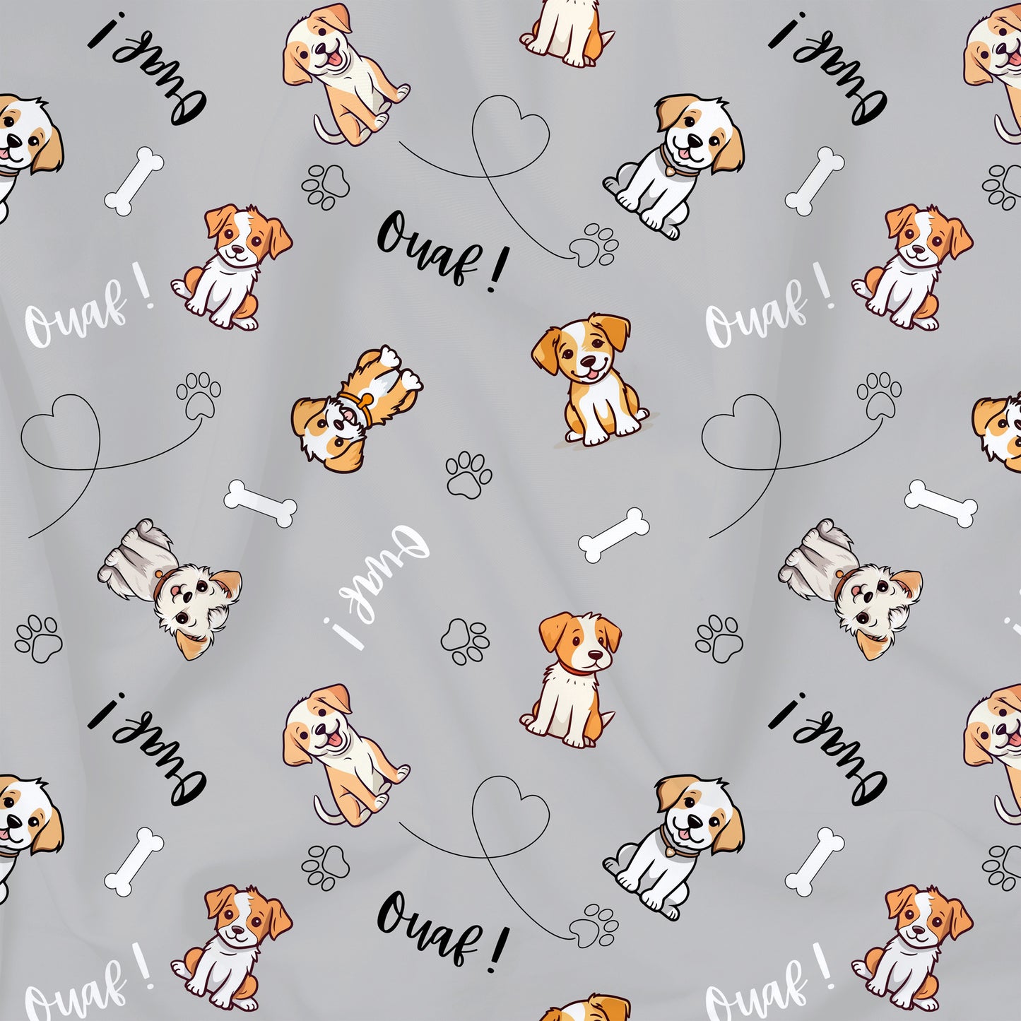Tissu imprimé chiens personnalisé de nom ou texte sur fond gris. Choix de tissu de coton bio.