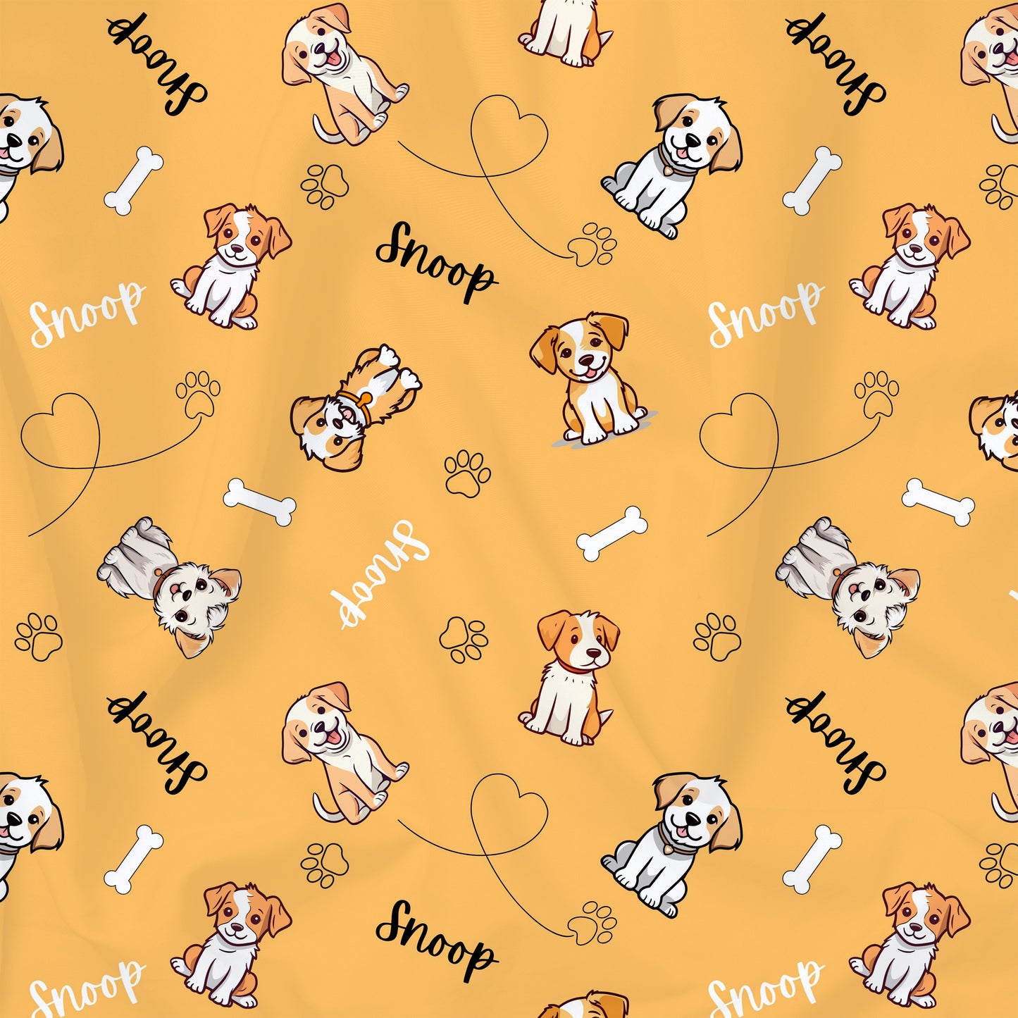 Tissu au mètre chiens imprimé customisé nom ou texte sur fond orange abricot en coton bio.