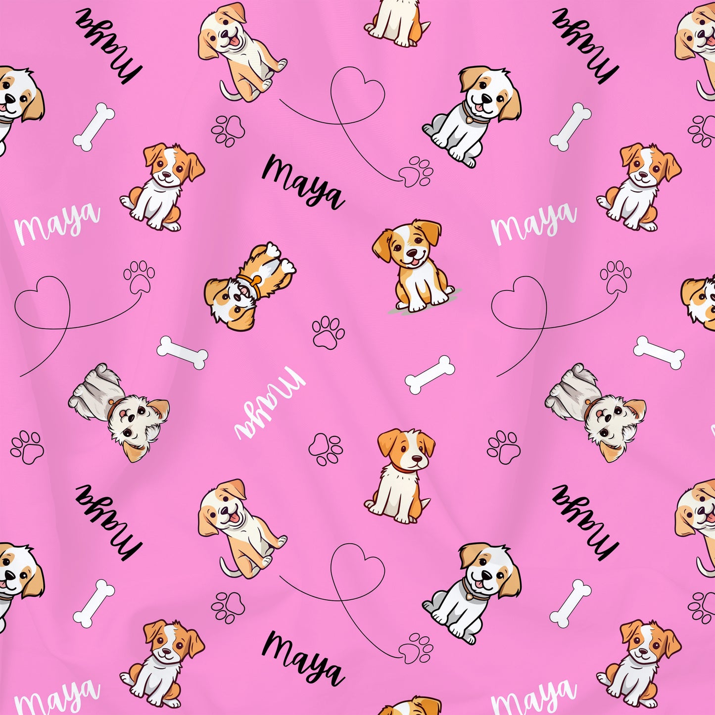 Tissu imprimé chiens personnalisé de nom ou texte sur fond rose framboise. Choix de tissu de coton bio.
