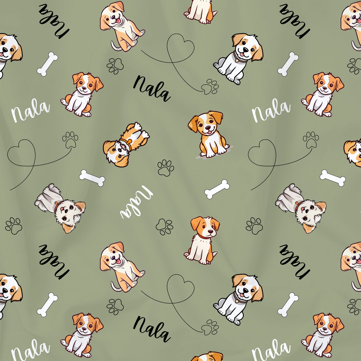 Tissu imprimé chiens personnalisé de nom ou texte sur fond vert pistache. Choix de tissu de coton bio.