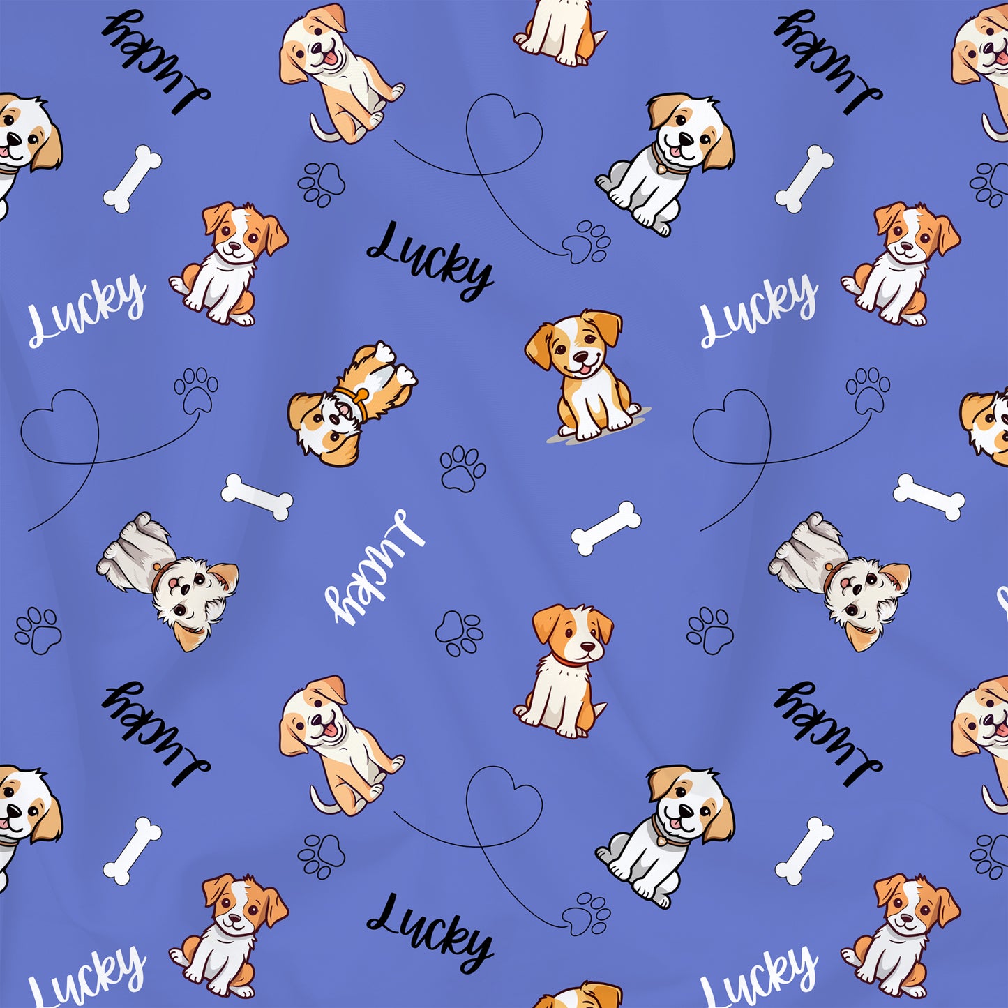 Tissu customisé imprimé chiens fond bleu avec nom ou texte personnalisé. Tissu de coton bio.