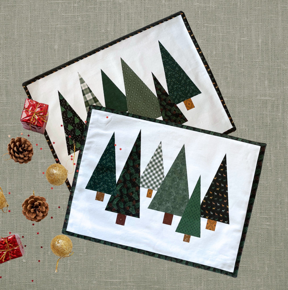 tutoriel couture facile sets d etable de Noël avec sapins verts appliqués en trompe-l'oeil