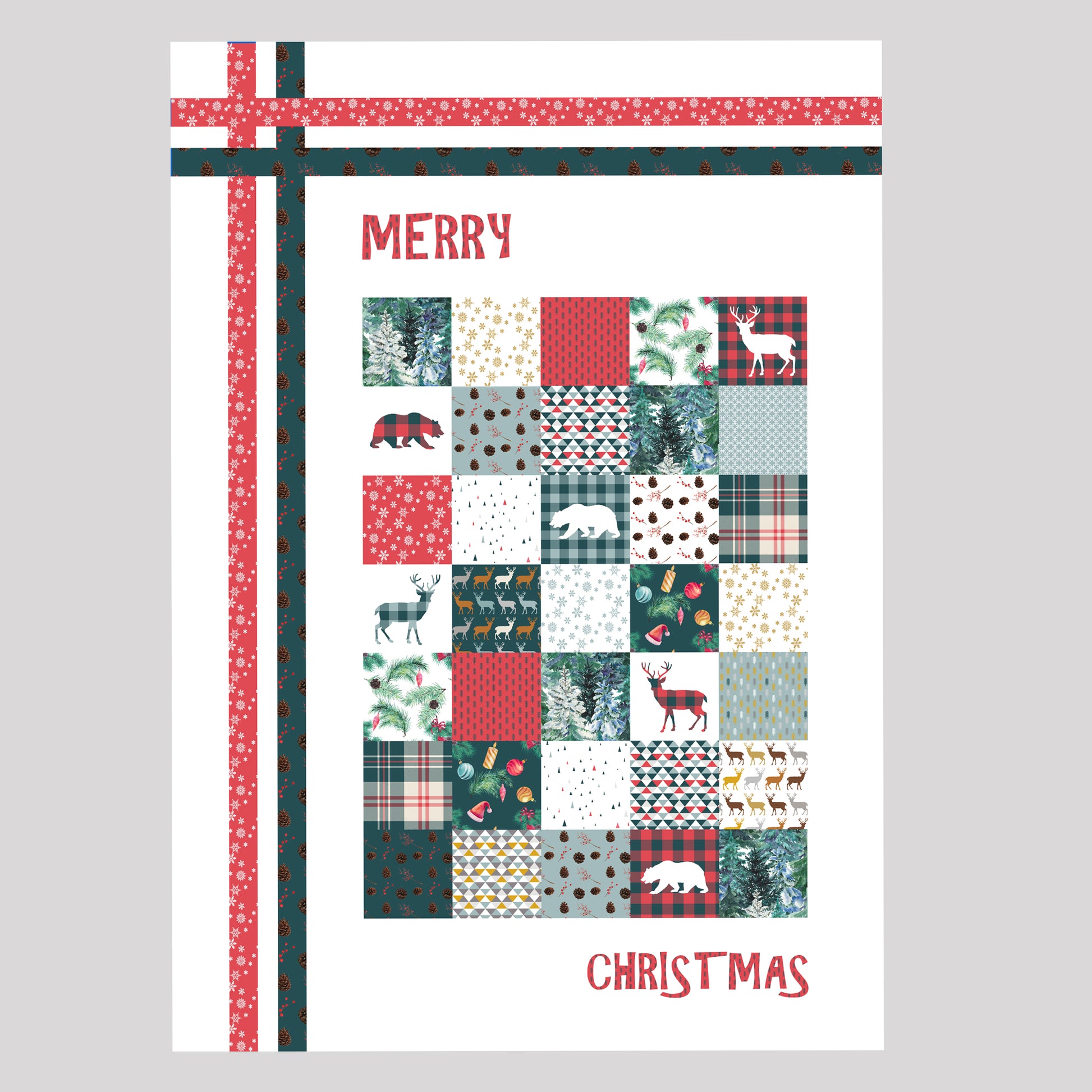 Couverture patchwork en kit. Plaid Joyeux Noël avec ours et cerfs vert rouge blanc