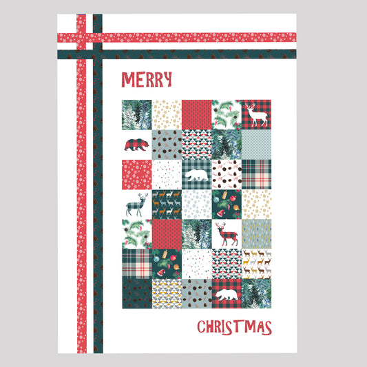 Couverture patchwork en kit. Plaid Joyeux Noël avec ours et cerfs vert rouge blanc