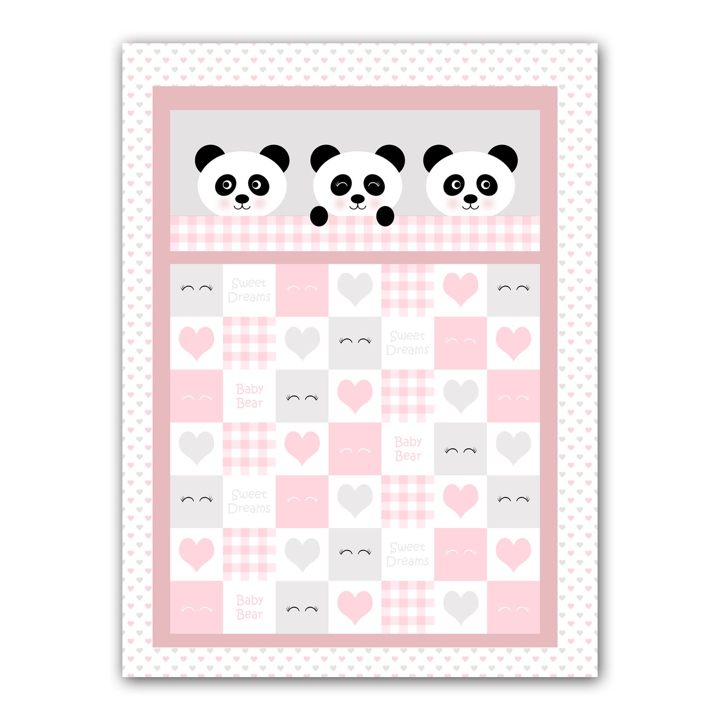 Kit patchwork couverture enfant personnalisée Pandas et coeurs rose gris blanc coton bio