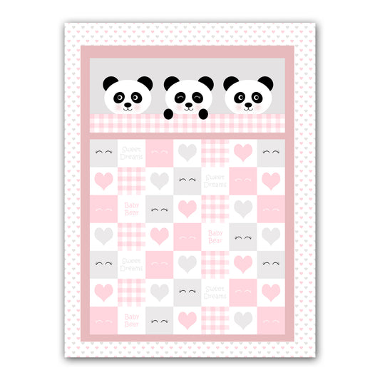 Kit patchwork couverture enfant personnalisée Pandas et coeurs rose gris blanc coton bio