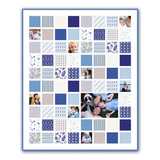 kit patchwork couverture patchwork enfant personnalsiée de photos bleu gris blanc facile à realiser