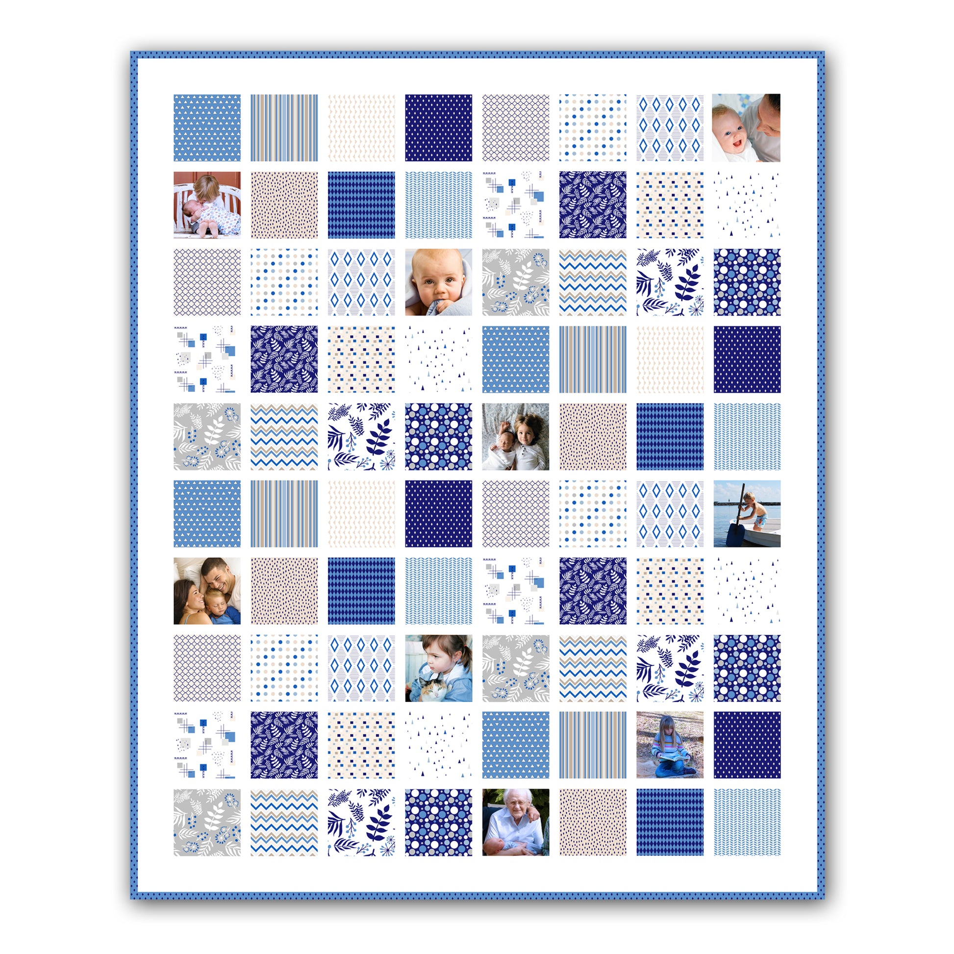 Kit patchwork pour débutant avec tou sle stissus pour réaliser un plaid moderne personnalisé de vos photos de famille avec imprimés bleu et gris sur fond blanc