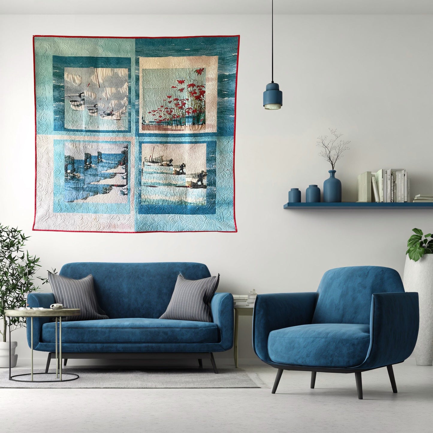 Quilt patchwork déco Paysage marin – Art textile
