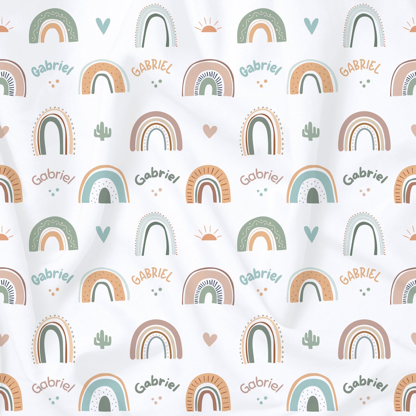 Custom rainbow printed children's fabric with green blue beige name