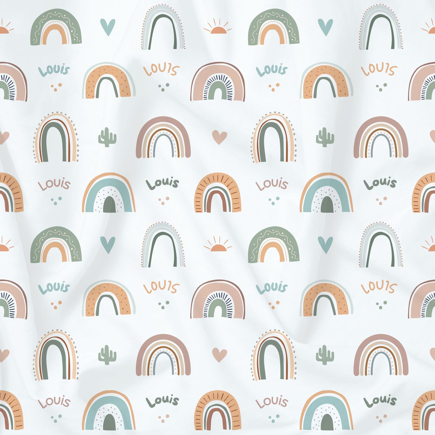 Custom rainbow printed children's fabric with green blue beige name