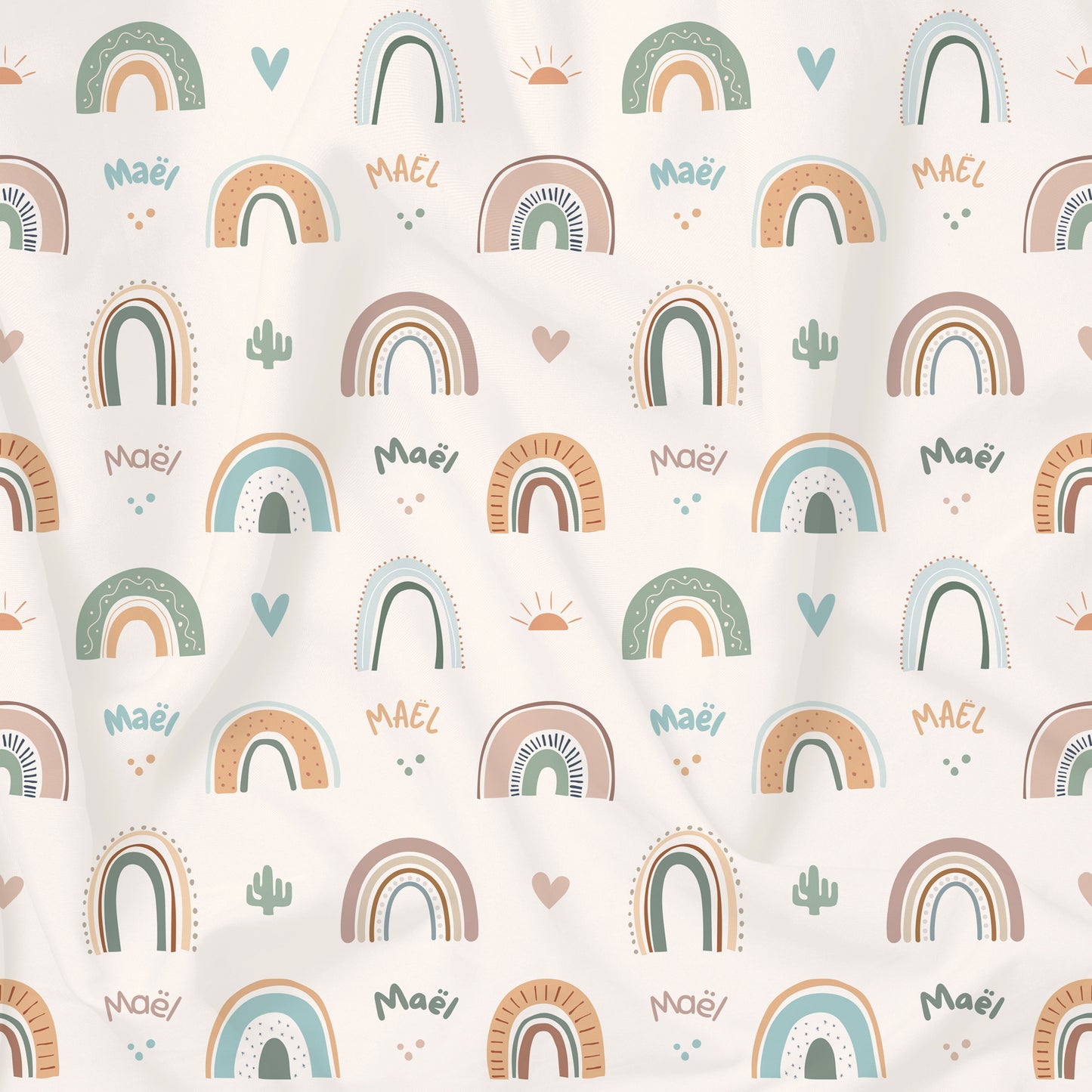 Custom rainbow printed children's fabric with green blue beige name