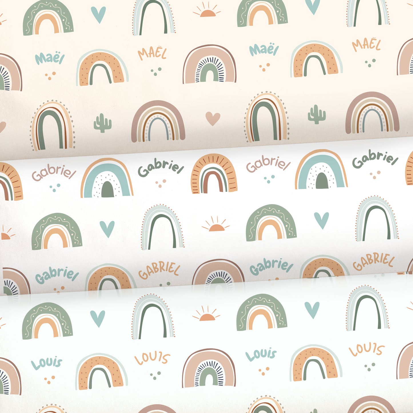 Custom rainbow printed children's fabric with green blue beige name