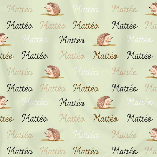 Tissu enfant imprimé hérisson vert amande personnalisable