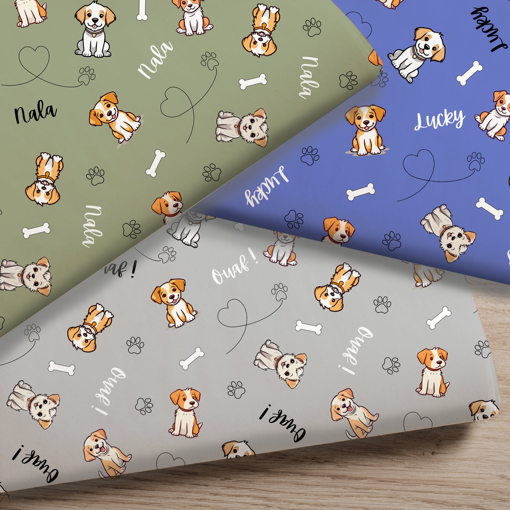 Tissu imprimé chiens personnalisé de nom  ou texte en plusieurs couleurs et choix de tissu de coton bio.
