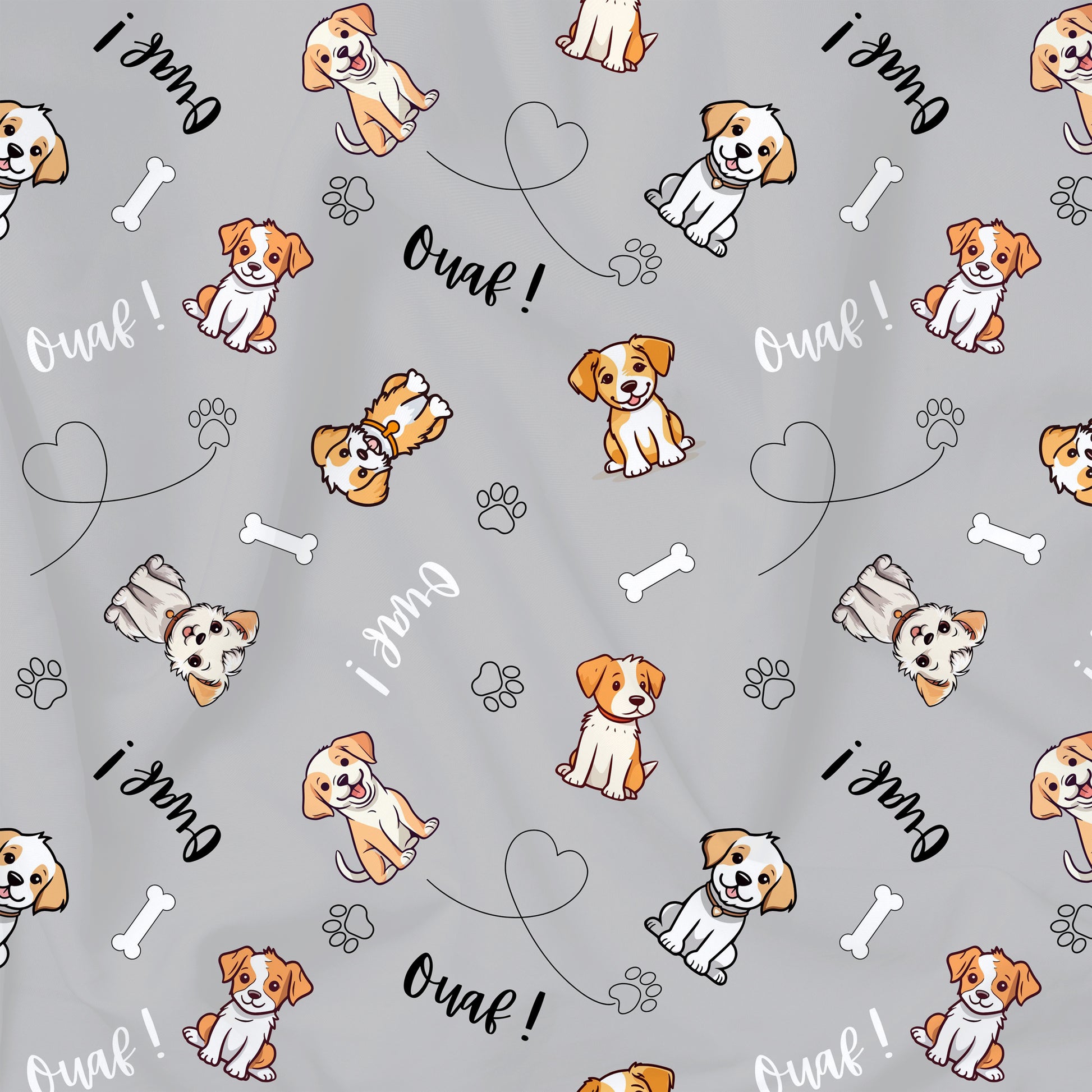 Tissu imprimé chiens personnalisé de nom  ou texte sur fond gris. Choix de tissu de coton bio.
