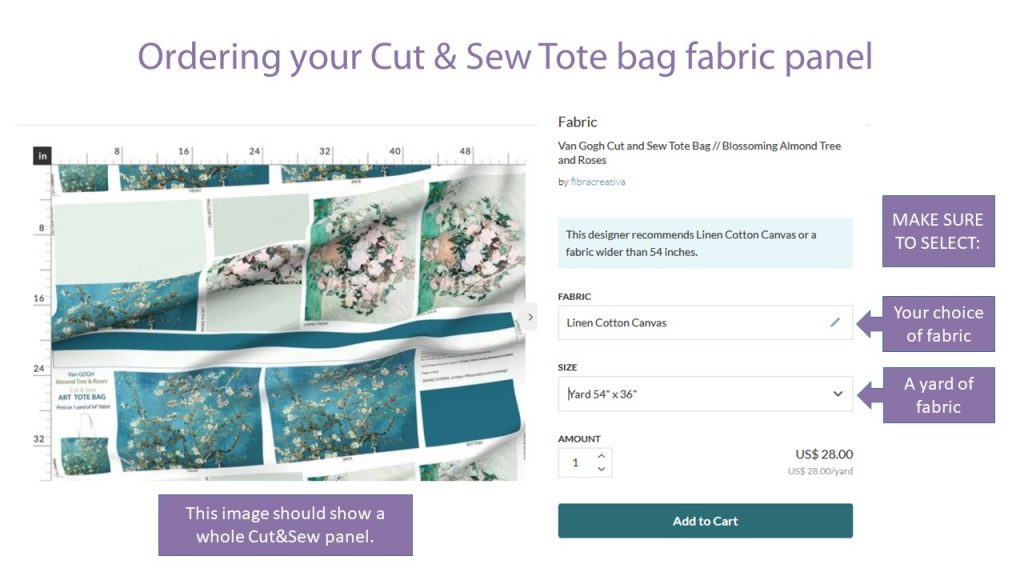 how to order your cut and sew tote bag fabric panel on Spoonflower